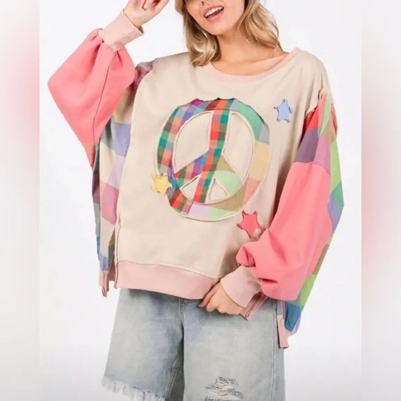 367. Colorful Patchwork Peace Sign Sweatshirt - Picture 1 of 1